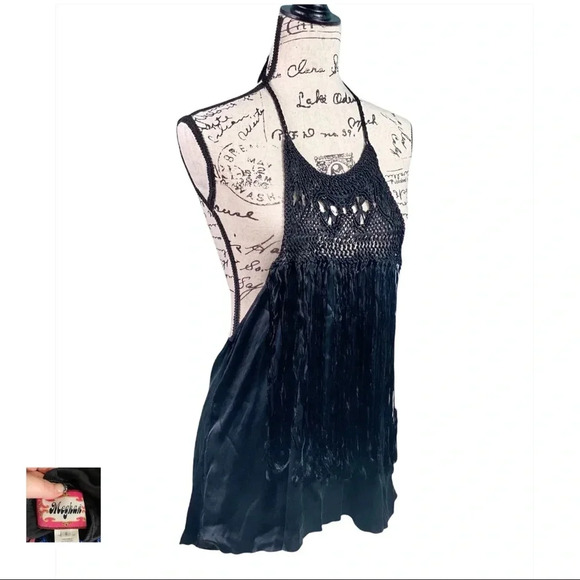 MEGHAN Black Silk Crochet Tassel Halter Top - Picture 1 of 14